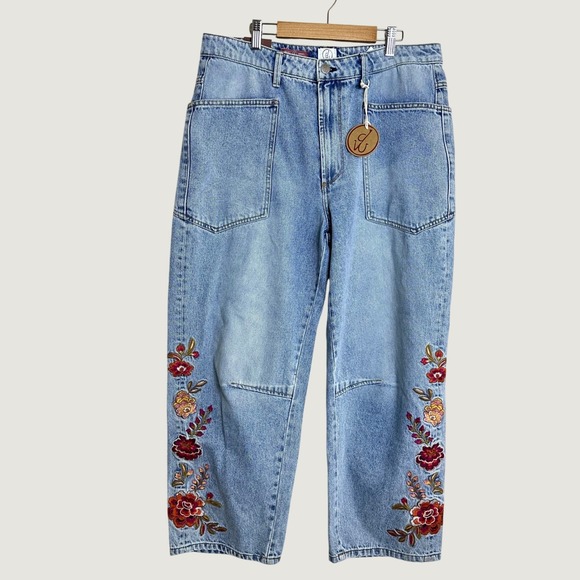 DRIFTWOOD Denim - Driftwood Becky Barrel Jeans Light Wash Floral Embroidered High Rise Size 14 NEW